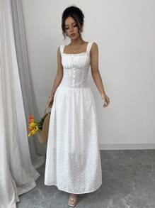 Airlisse Geborduurde effenkleurige getailleerde lijfjejurk met geplooide buste, strik aan de voorkant, ruchezoom, knoopsluiting in de taille, uitlopende jurk, elegante sexy bohemian stijl voor feestjes, vakantie, lente/zomer