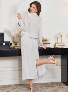 Modelyn Women's 3-Piece Striped Suit Set: Fashionable Short Blazer + Camisole + Skirt - White - View 2
