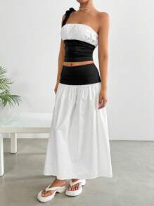 SHEIN EZwear 2pcs Women's Colorblock Ruched Bandeau Top And Skirt Set - Black and White - View 6