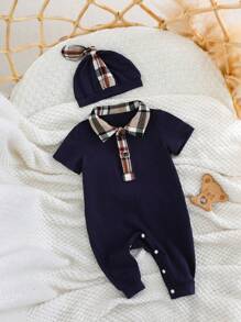 2pcs/Set Newborn Baby Boy Collegiate Style Color-Block Short Sleeve Romper And Long Pants With Hat, Casual & Versatile, All Season