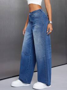 SHEIN ICON Women's Casual Washed Loose Straight Leg Jeans - Blue - View 6