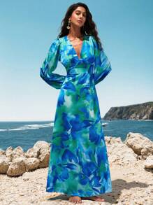 Opulessa Summer Vacation Outfits Woman BeachWomen's Woven Maxi V-Neck Long Sleeve Dress - Blue - View 4