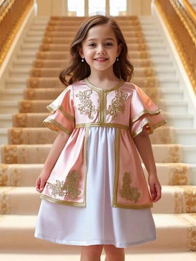 SHEIN Vestido de niña (pequeña/niña pequeña) con cuello en V y cinta de colores