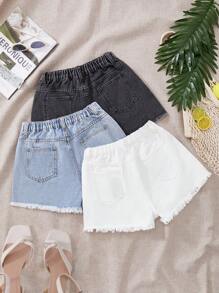 SHEIN 少女夏季海滩波西米亚休闲三件套，黑色、蓝色、白色宽松牛仔破洞短裤，带斜插口袋，适合波西米亚海滩音乐会、锐舞节、毕业典礼、暑假休闲穿着，也适合学校、校园、大学等场合。 - 彩色 - 查看 2