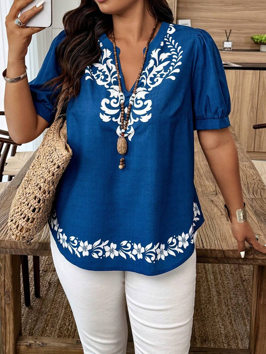 Weeklong Koszula z bufiastymi rękawami i haftem kwiatowym w dużym rozmiarze, minimalistyczna moda, codzienny ubiór