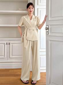 DAZY Solid Color Loose Short Sleeve Belted Suit Pants Women 2 Pieces Set Business Attire - Apricot - View 4