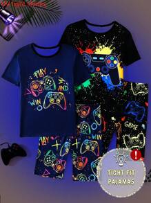 Teen Boy 4PCS Gaming Luminous Graffiti Print Snug Fit Round Neck Short Sleeve Top & Long Pants Pajama Set - Multicolor - View 1