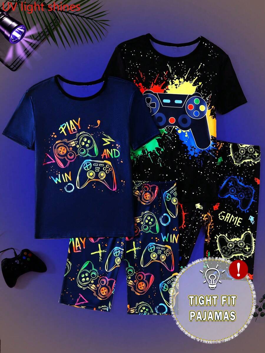 Teen Boy 4PCS Gaming Luminous Graffiti Print Snug Fit Round Neck Short Sleeve Top & Long Pants Pajama Set - Multicolor - View 1