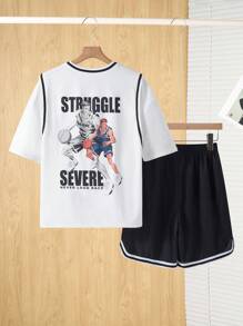 SHEIN 2pcs/Set Teen Boys Casual Short Sleeve T-Shirt & Shorts Set, Street Punk Rock Preppy Style Suitable For Everyday, Party, Music Festival, Spring & Summer, Sports - Multicolor - View 8