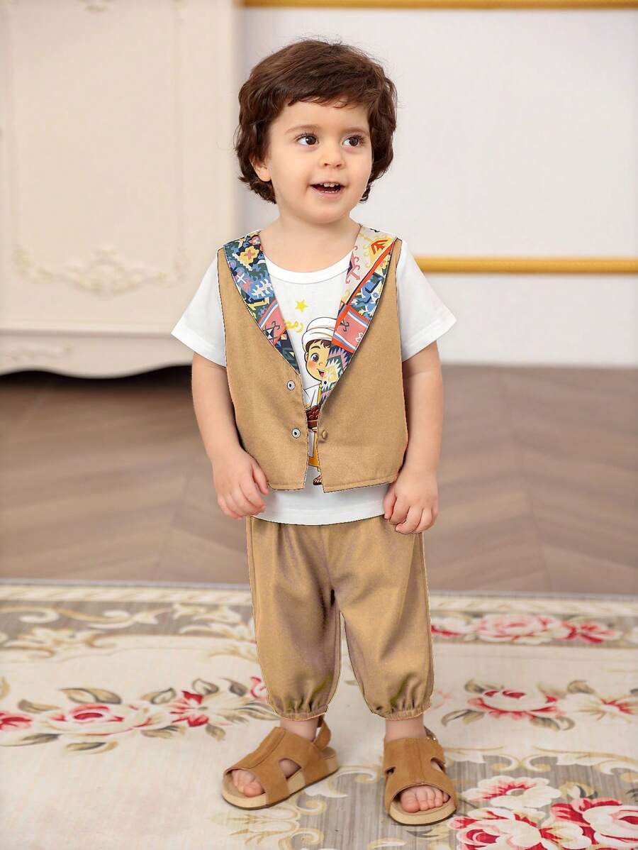 男婴复古图案印花翻领斋月斋月长袍背心 - 卡其色 - 查看 1