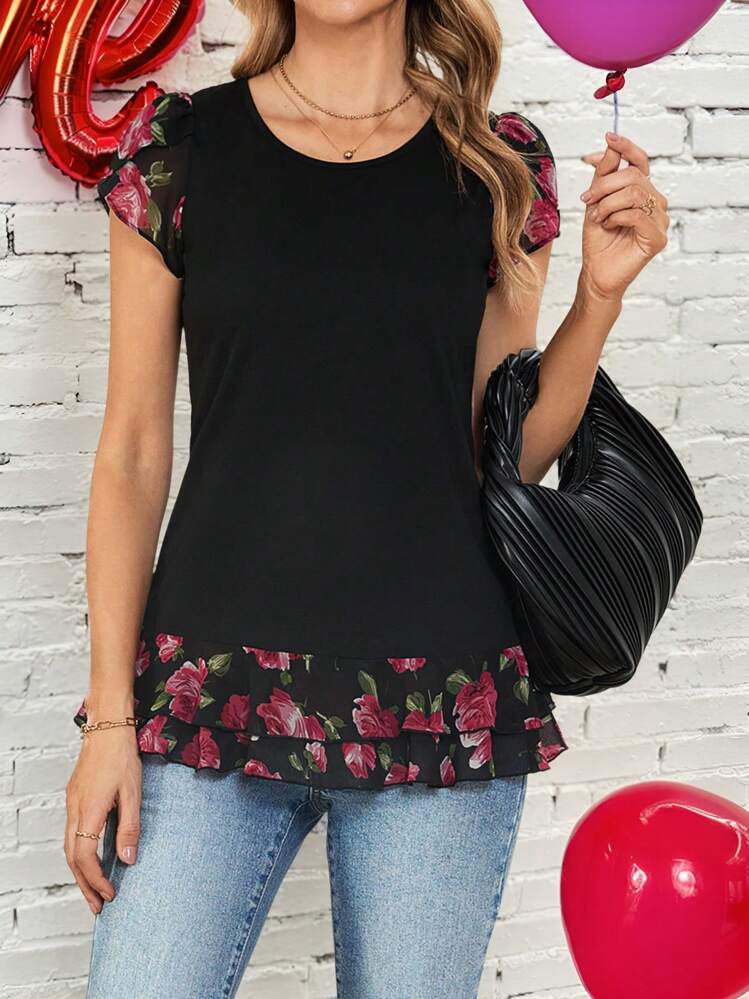 EMERY ROSE Women's Casual Floral Print Short Sleeve Round Neck Chiffon And Black Fabric Patchwork Top, Spring Summer Valentine's Day - Multicolor - View 5