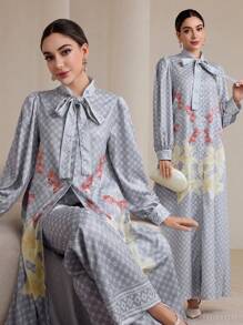 Graceveil Women's Floral & Geometric Print Long Jacket And Pants Set Modest