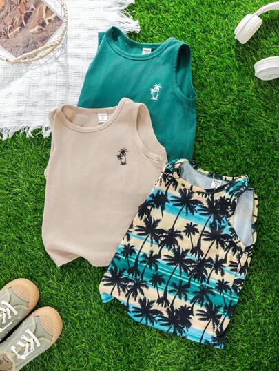 SHEIN 3pcs/Set Young Boy Casual Coconut Tree Print Round Neck Top, Suitable For Daily Outing, School, Sports And Vacation, Comfortable For Spring/Summer
