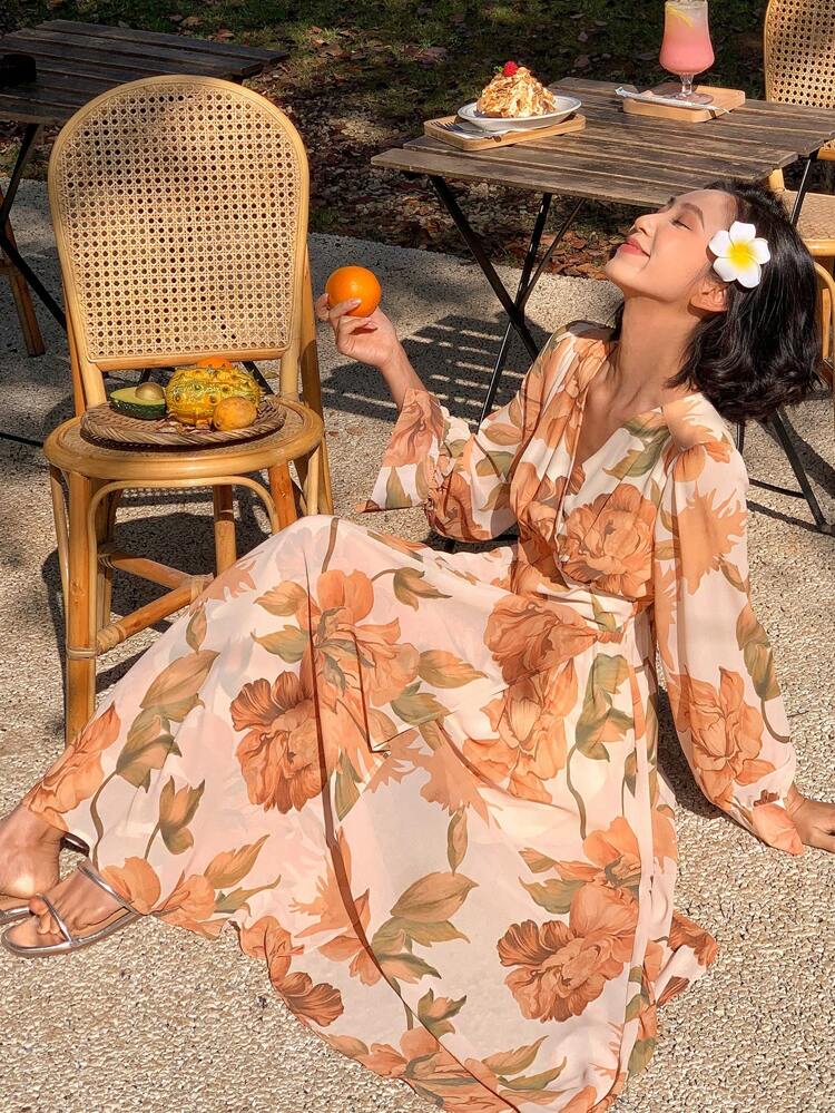 1pc Women's Floral Print V-Neck Belted Midi Dress,Fall Dress Long Sleeve Dress Boho