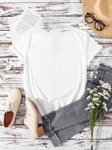 EMERY ROSE Plus Size Women Casual Minimalist Letter Print V-Neck Short Sleeve T-Shirt, Suitable For Summer Suitable For Going Out,Spring/Vacation - White - View 3