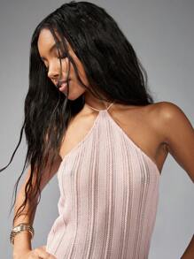 MISSGUIDED Đầm maxi cổ yếm dệt kim gân thanh lịch, ôm sát cơ thể, không tay, dài đến sàn, thích hợp cho tiệc cưới, dự tiệc, có xẻ tà bên. - Bụi hồng - Xem 5