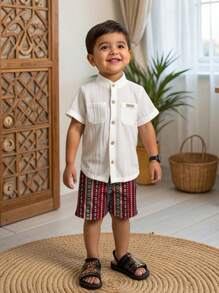 SHEIN 1pc Boys' Textured Fabric Standing Collar Pocket Gentleman Design Casual Shirt, Cute/Retro/Fun, Suitable For Any Occasion, Spring/Summer Outfits - White - View 1