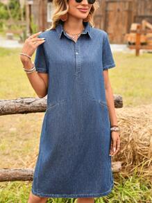 SHEIN LUNE Women Polo Collar Short Sleeve Pockets Straight Casual Denim Dress