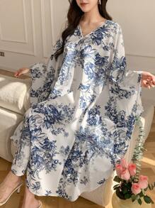 DAZY 女士全身印花宽松中长连衣裙，秋季长袖连衣裙，度假装扮，女士复活节长款连衣裙 - 藍色 - 查看 1