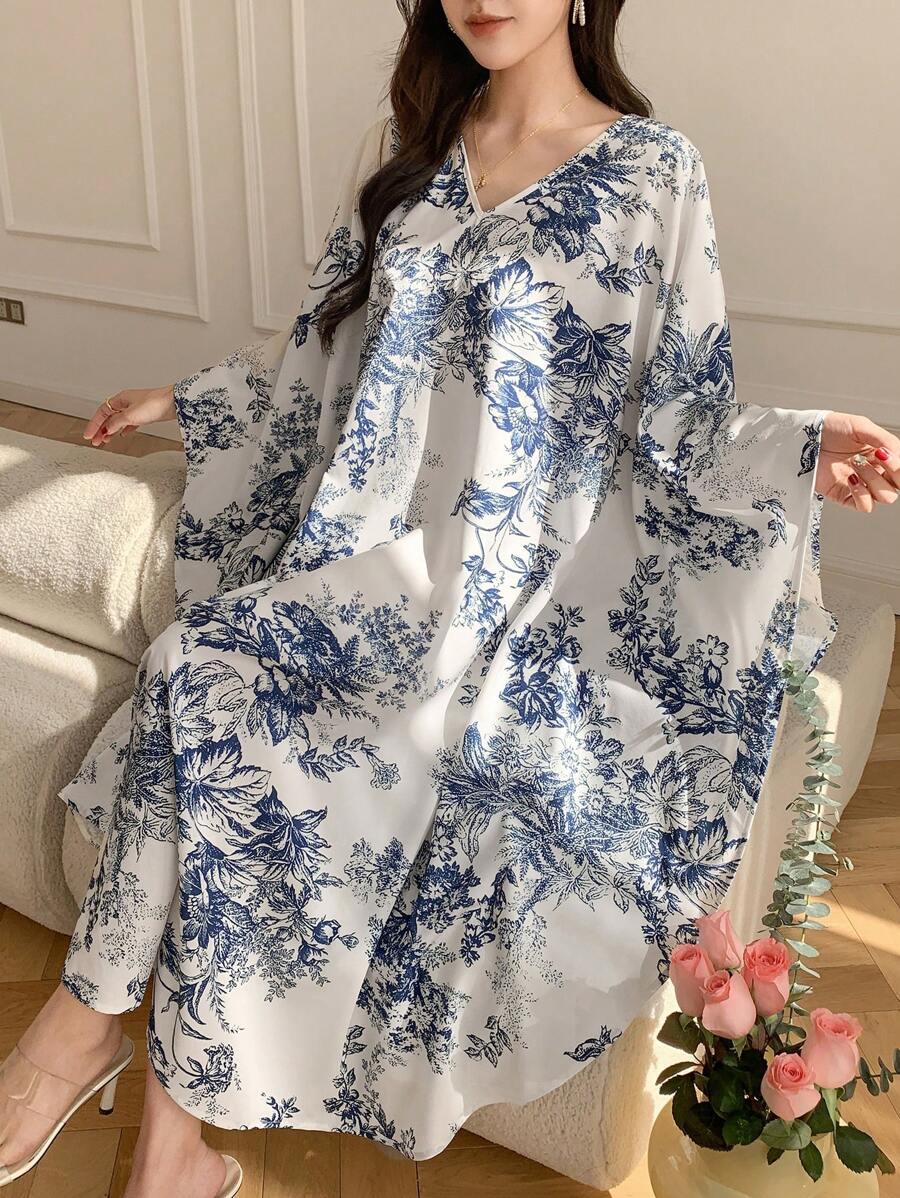 DAZY 女士全身印花宽松中长连衣裙，秋季长袖连衣裙，度假装扮，女士复活节长款连衣裙 - 藍色 - 查看 1