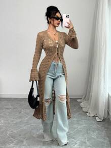 Selianne 女式休闲修身 V 领长袖针织喇叭袖口长款开衫，棕色，春秋季