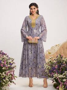 Al Najma Women Elegant Arabic Style Long Sleeve Gold Foil Pattern Patchwork Dress, Arabian Dresses