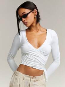 Athîral Women Plain White Color Long Sleeve Drawstring Casual Top - White - View 2