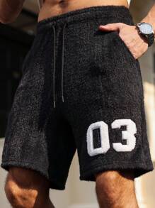 Manfinity Campus Court Men's Streetwear Black And White 03 Embroidered Plush Shorts,Summer Beach Young Street Style College Sports Basketball Shorts With Side Pocket Design - Black - View 2