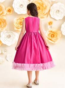 SHEIN Leap Crew Tween Girl Elegant Round Neck Sleeveless Ruffle Waist A-Line Midi Dress - Pink - View 2