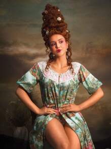 PinupPomp Vintage Palace Lace Print Long Robe With Mid-Length Sleeves, Women Nightgown - Green - View 1