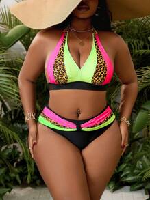 SHEIN Swim Curve Conjunto de 2 piezas de bikini para mujer talla grande de estilo halter, de colores múltiples, casual, para resort, piscina, playa y vacaciones, para el verano