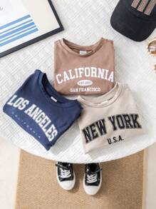 SHEIN 3pcs/Set Baby Boy Summer Color Letter Print Soft Knit Crew Neck Short Sleeve Tops - Navy Blue - View 4