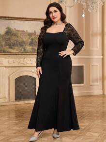 Modelyn Đầm dài tay tối giản cổ tim ren chắp vá cỡ lớn - màu đen - Xem 5