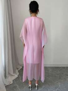 Elenzga Women's Solid Color Round Neck Batwing Sleeve Elegant Mid-Length Dress - Pink - View 2