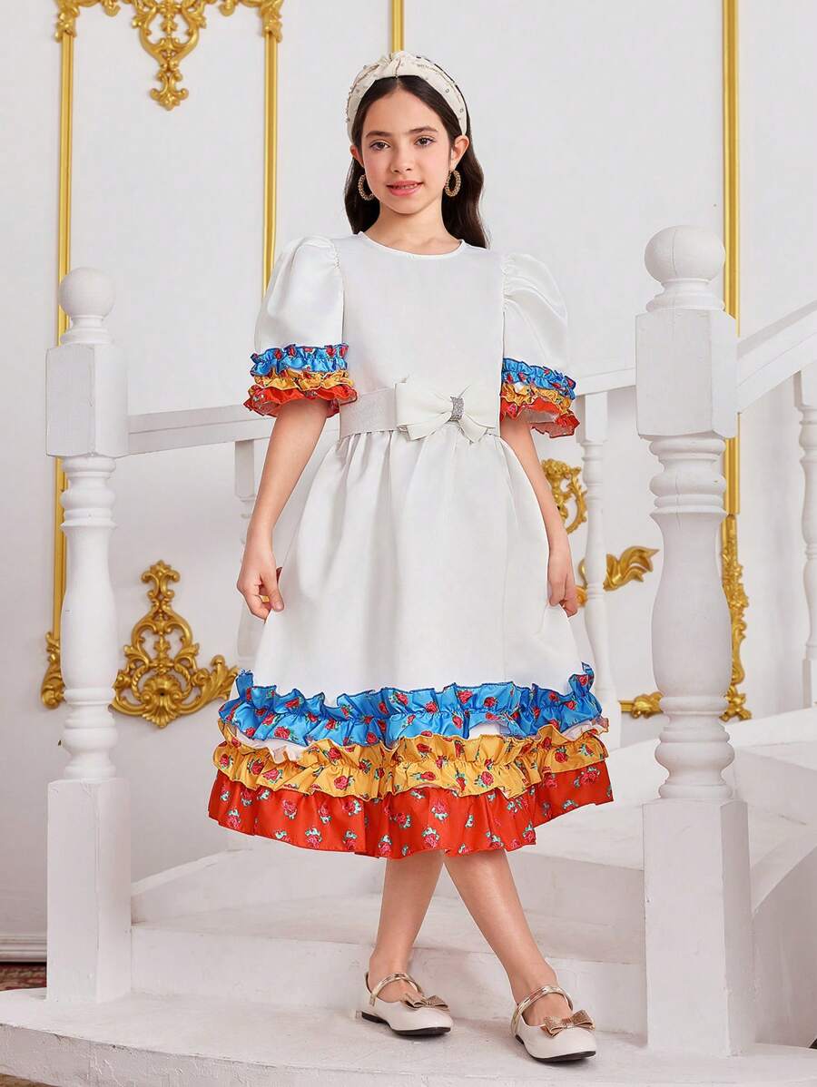 Tween Girl Plain Color Block Round Neck Short Sleeve Casual Dress - Multicolor - View 1