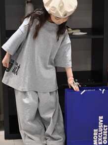 DAZY 2pcs/Set Tween Girl Round Neck Letter Print Short Sleeve T-Shirt + Pants Spring/Summer Outfit - Grey - View 1