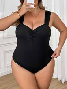 SHEIN CURVE+ Women's Plus Size Ruched Front Knitted Bodysuit, Elastic Black Camisole, Spring/Summer - Black - View 5