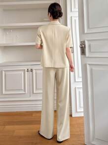 DAZY Solid Color Loose Short Sleeve Belted Suit Pants Women 2 Pieces Set Business Attire - Apricot - View 2
