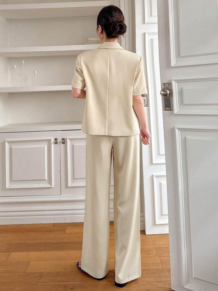 Solid Color Loose Short Sleeve Belted Suit Pants Women 2 Pieces Set Business Attire