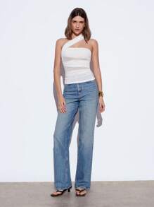Maija Women White Summer Seksi Chic Party Night Mesh Crop Top,2025 Fashion Asymmetric Shoulder Ruched Bodycon Beach Vacation Music Festival Club Wear - White - View 1