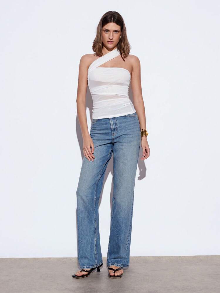 SHEIN Maija 2025 Nuevo Verano Moda Blanco Asimétrico Hombro Arrugado ajustado Asimétrico Sexy Mono de Fiesta de Playa, Vacaciones Festival de Primavera, Mujeres Festival de Música Fiesta Club Ropa de Playa Parte Superior Corta de Malla
