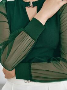 BizChic Summer New Women Crew Neck Metal Button Knit Top, Organza Sheer Green Blouse, Business Casual Daily Commute Wear, Elegant For Beach Holiday, Suitable For Wedding Guest, Country Music Festival, Brunch, Airport, 134S Old Money Stockholm Style, US Independence Day - Dark Green - View 5