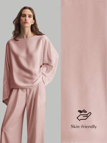 Ontre Blusa elegante de estilo minimalista y casual de negocios con mangas anchas de material de satén para mujeres, cuello barco de seda de moral rosa de manga larga, otoñal de vuelta al colegio 2025