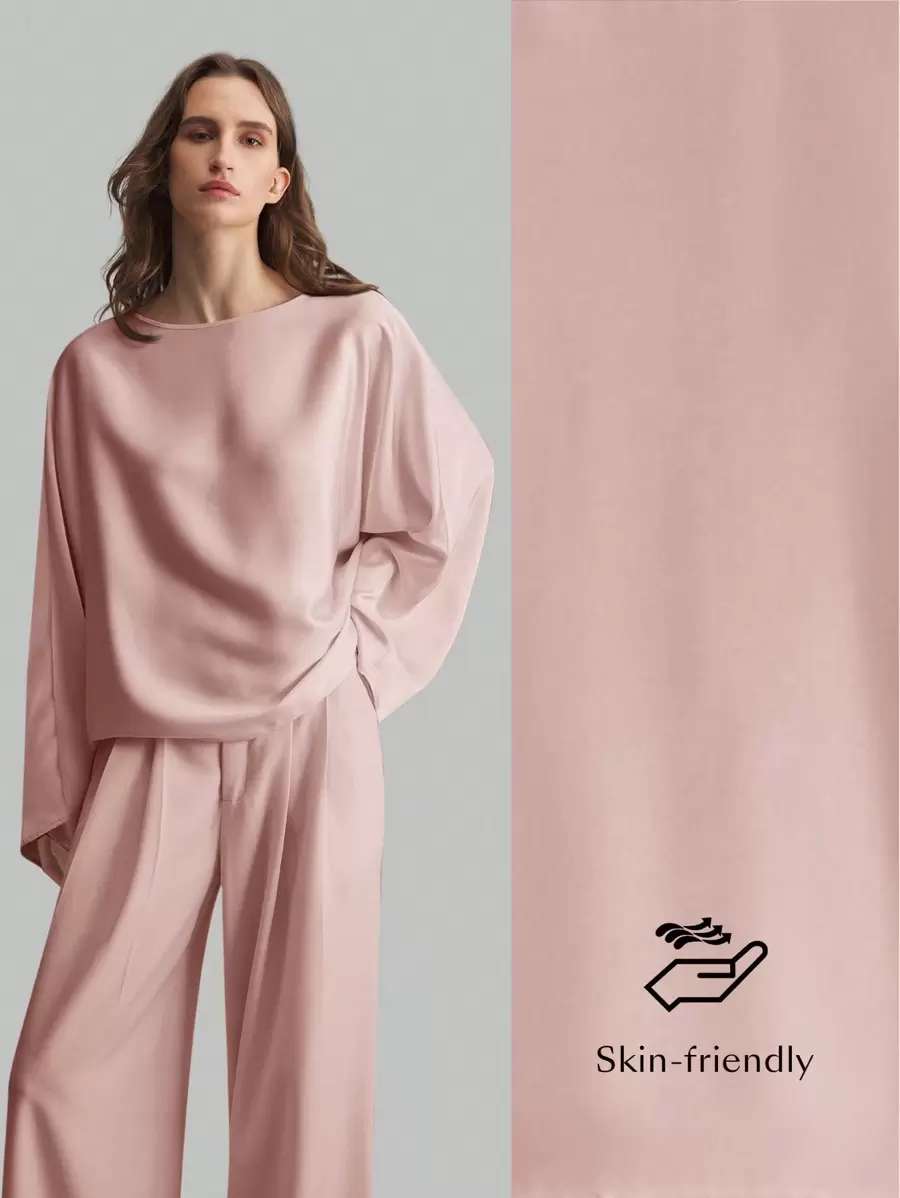 Ontre Blusa elegante de estilo minimalista y casual de negocios con mangas anchas de material de satén para mujeres, cuello barco de seda de moral rosa de manga larga, otoñal de vuelta al colegio 2025