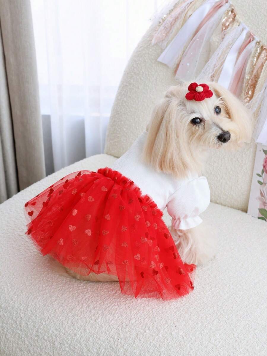 PETSIN 1 chiếc váy công chúa cho chó cưng ngày lễ tình nhân, tay bồng màu trắng có in hình trái tim màu đỏ, thiết kế lưới, phù hợp với mọi thú cưng - Đỏ và trắng - Xem 1