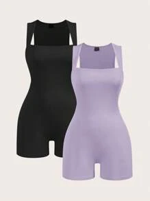 SHEIN BASICS 2 件套纯色针织连体裤，修身，有领，无袖，休闲风格，女士 - 紫色 - 查看 1