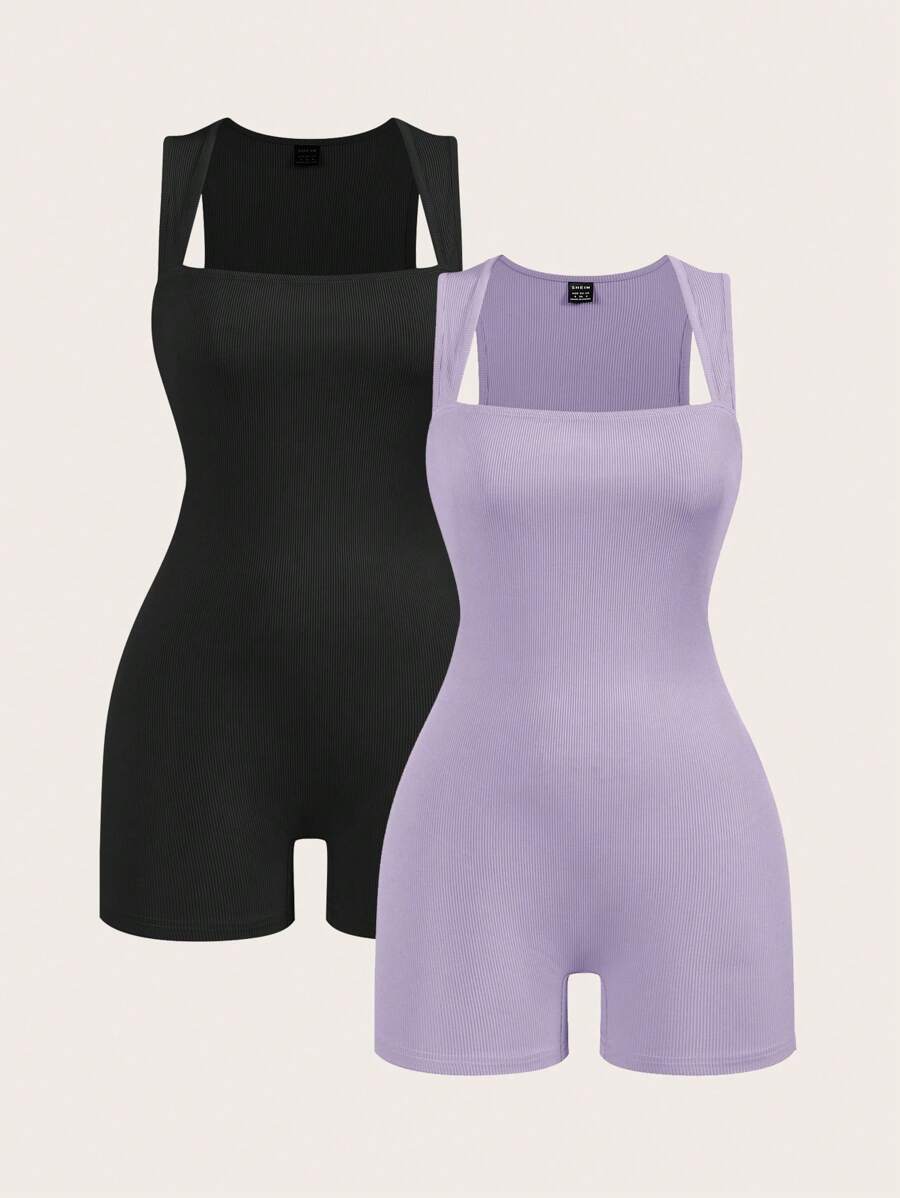 SHEIN BASICS 2 件套纯色针织连体裤，修身，有领，无袖，休闲风格，女士 - 紫色 - 查看 1
