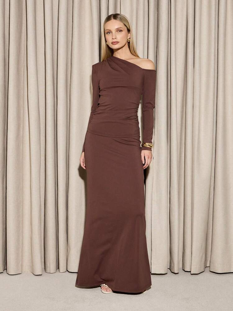 AiiRZ 優雅なワンショルダー ツーピースセット イブニングマキシドレス、長袖ラッフルトップとフィッティングスカートセット、秋冬パーティー結婚式ゲストウェア