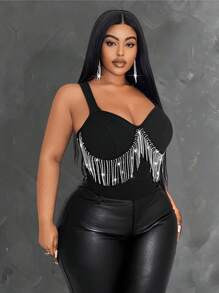 Maweii Women Plus Size Elegant Solid Color Glittery Rhinestone Decor Fashionable Camisole Top, Versatile For Party And Gathering, Spring/Summer - Black - View 5