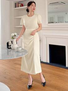 DAZY Women's 2 Pieces Set - Solid Color Puff Sleeve Cropped Shirt With Split Pleated Hem Skirt - Apricot - View 6